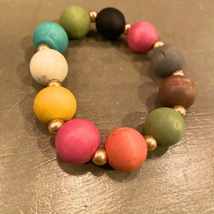 Chunky Colored Wood and Gold Beaded Single Strand Stretch Bracelet