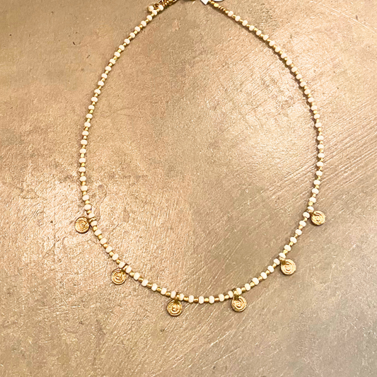 Single Strand Choker White Stone & Brass Beaded Necklace with Tiny Brass Circle Dangle Details from India