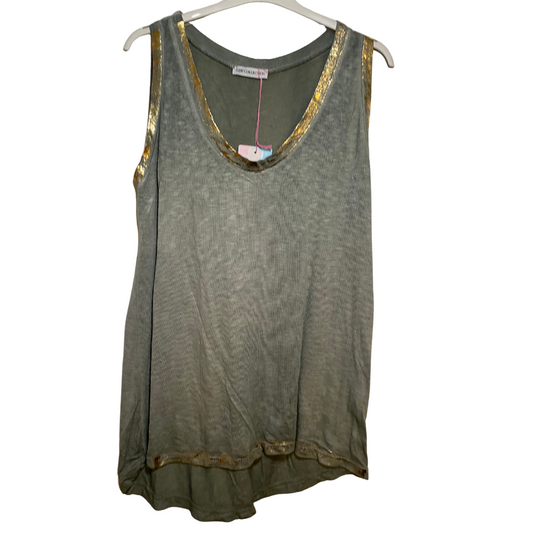 Italian Mineral Washed Viscose Deep Scoop Neck Tank Top with Metallic Neck & Arm Trim Detail