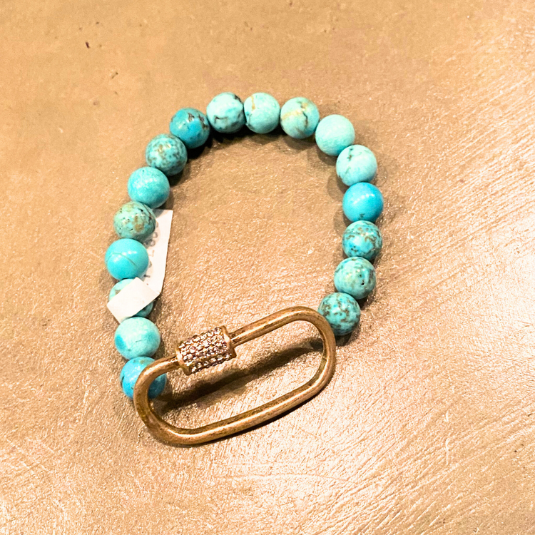 Turquoise Beaded with Gold Pave Feature Single Strand Stretch Fashion Bracelet