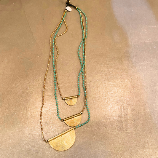 Double Brass Strand and Single Turquoise Beaded Necklace with Triple Circle Pendants from India