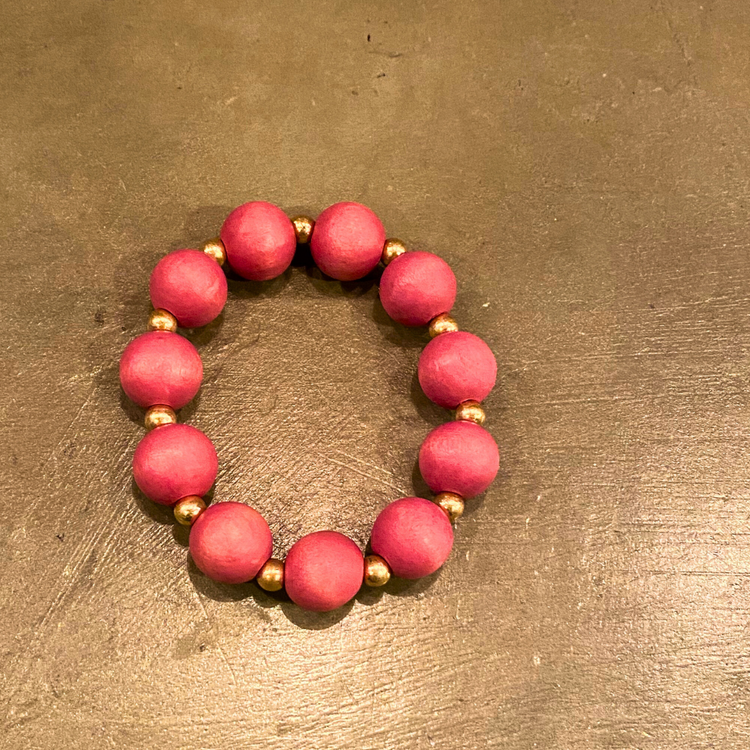 Chunky Colored Wood and Gold Beaded Single Strand Stretch Bracelet