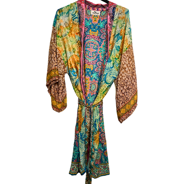 India Silky Ornate Block Print Kimono Robe Jacket Dress