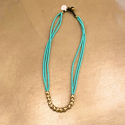 Triple Strand Turquoise Beaded Chocker Necklace with Brass Beaded Center from India