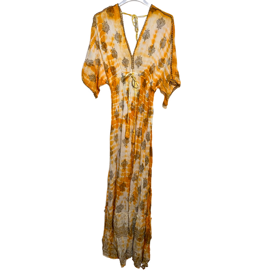 India Orange Tie Dye Boho Long Short Sleeve Gold Beaded V-Neck Dress w/ Drawstring Waist