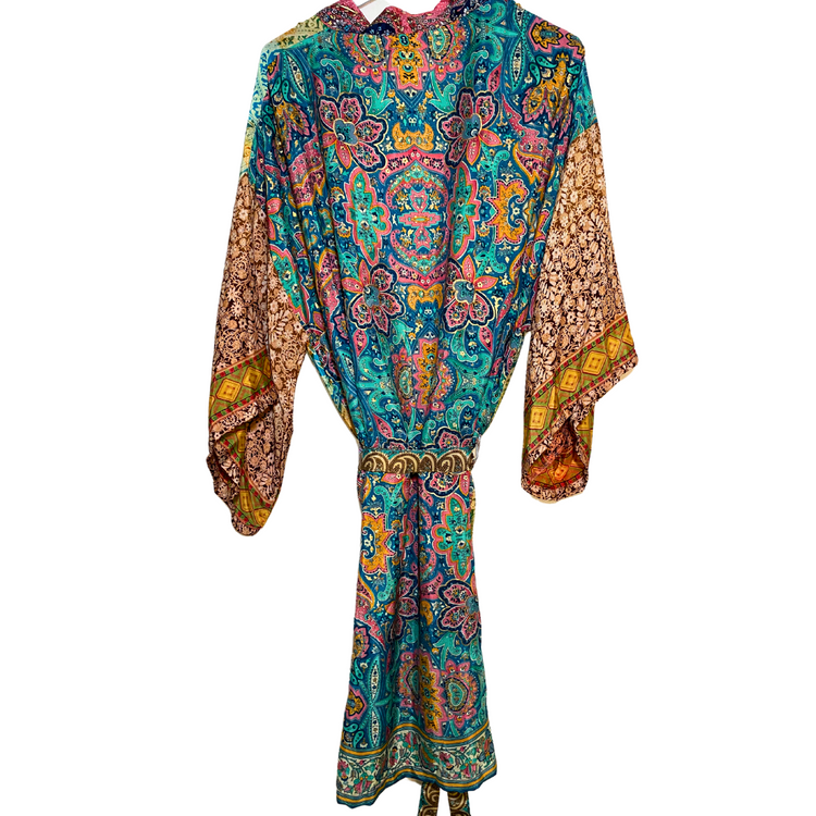 India Silky Ornate Block Print Kimono Robe Jacket Dress