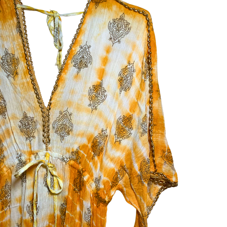 India Orange Tie Dye Boho Long Short Sleeve Gold Beaded V-Neck Dress w/ Drawstring Waist