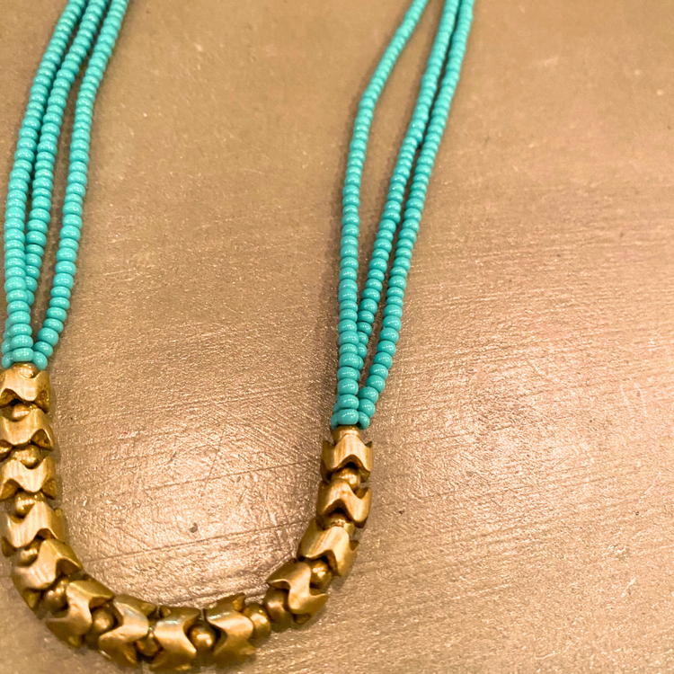 Triple Strand Turquoise Beaded Chocker Necklace with Brass Beaded Center from India