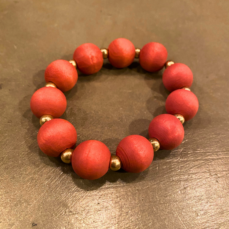 Chunky Colored Wood and Gold Beaded Single Strand Stretch Bracelet