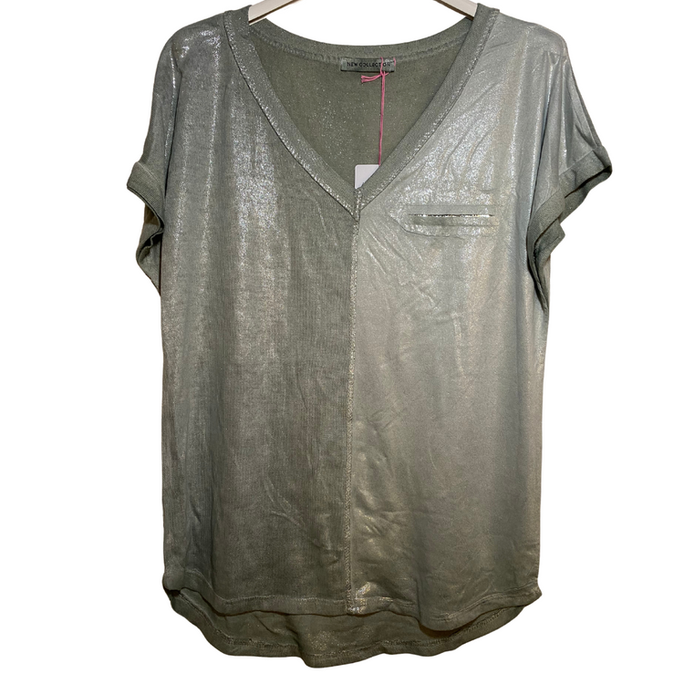 Italian Shimmer Short Sleeve Metallic Knit V-Neck Top with Faux Sequin Pocket