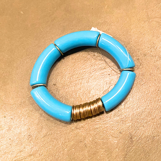 Acrylic Turquoise Bar Beads and Stacked Gold Spacer Stretch Bracelet