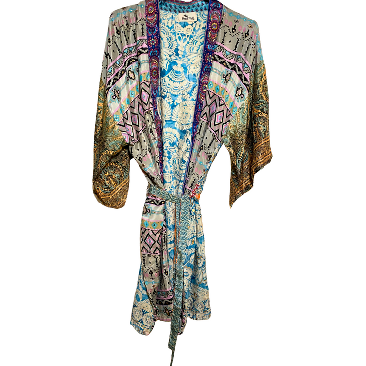 India Silky Ornate Block Print Kimono Robe Jacket Dress