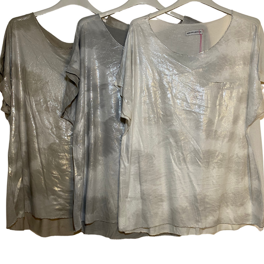 Italian Tie Dye Camo Shimmer Short Sleeve Metallic Knit V-Neck Top with Faux Sequin Pocket