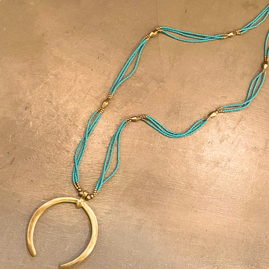 Long Triple Stranded Turquoise and Brass Beaded Necklace with Crescent Circle Pendant from India