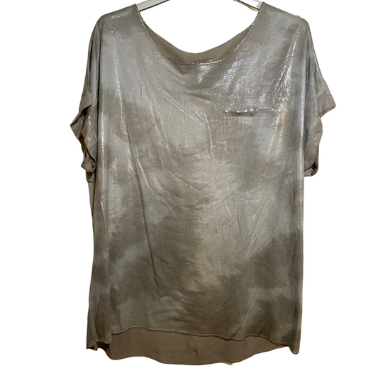 Italian Tie Dye Camo Shimmer Short Sleeve Metallic Knit V-Neck Top with Faux Sequin Pocket