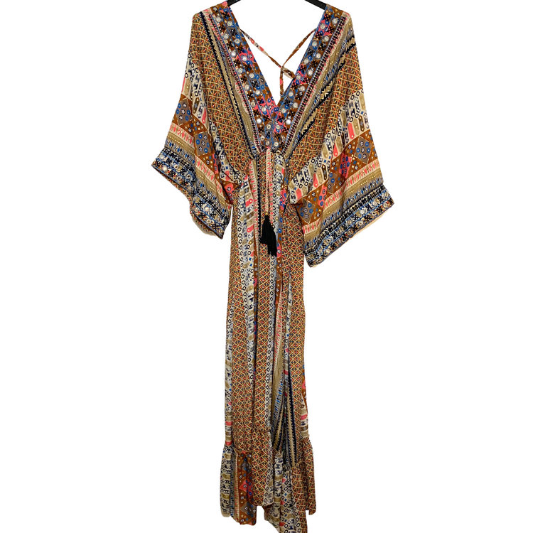 India Ornate Block Print Boho Long Short Sleeve V-Neck Dress w/ Drawstring Waist