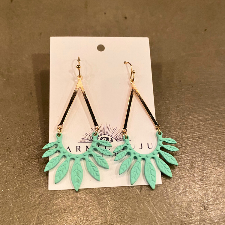 Gold with Aqua Half-moon Leaf Dangle Fashion Earrings
