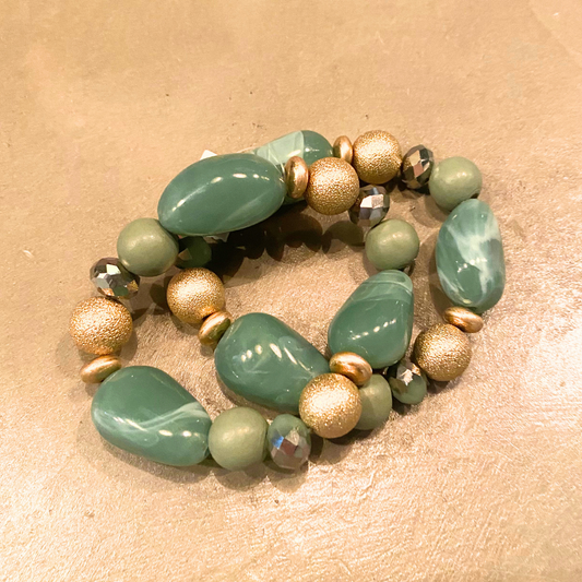 Chunky Matte Gold and Jade Colored Beaded Double Strand Stretch Bracelet