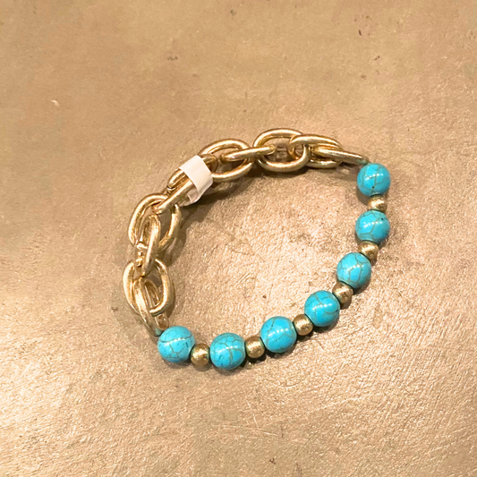 Chunky Gold Link Chain Turquoise and Gold Beaded Single Strand Stretch Bracelet