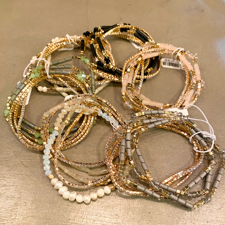 Six Stranded Various Colors w/ Gold Beaded & Diamond Stretch Fashion Bracelets