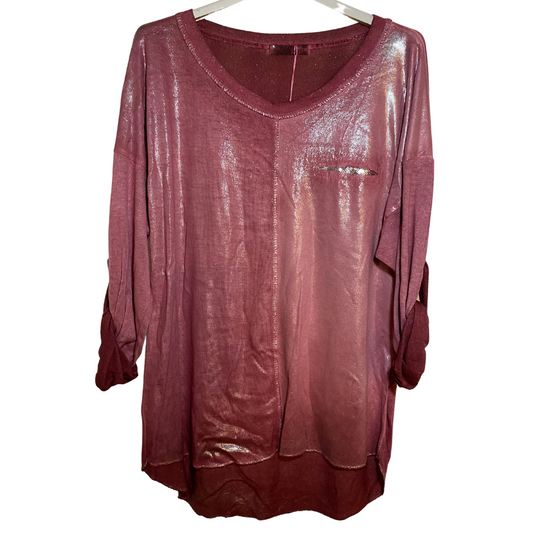 Italian Shimmer Long Sleeve Metallic Knit Scoop Neck Top with Faux Sequin Pocket