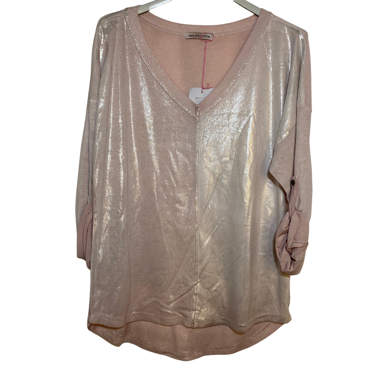 Italian Pale Pink Shimmer Long Sleeve Metallic Knit V-Neck Top