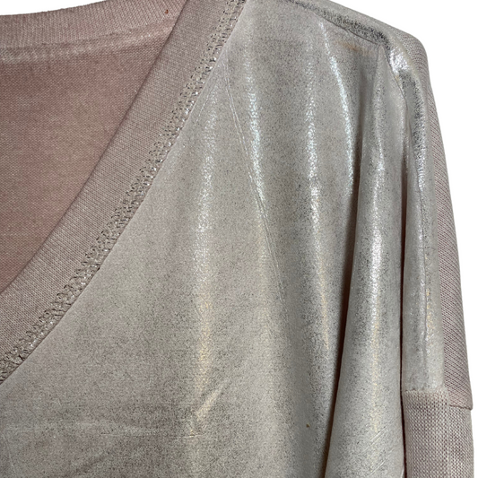 Italian Pale Pink Shimmer Long Sleeve Metallic Knit V-Neck Top