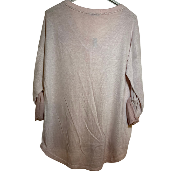 Italian Pale Pink Shimmer Long Sleeve Metallic Knit V-Neck Top