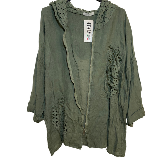 Italian Olive Linen Long Sleeve Zipper Front Hoodie Jacket with Eyelet Lace Detail