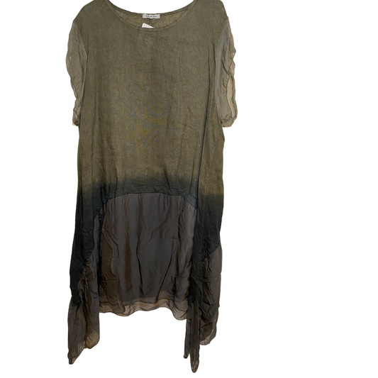 Italian Olive Linen with Dip Dyed Charcoal Silk Bottom Short Sleeve Knee Length Dress