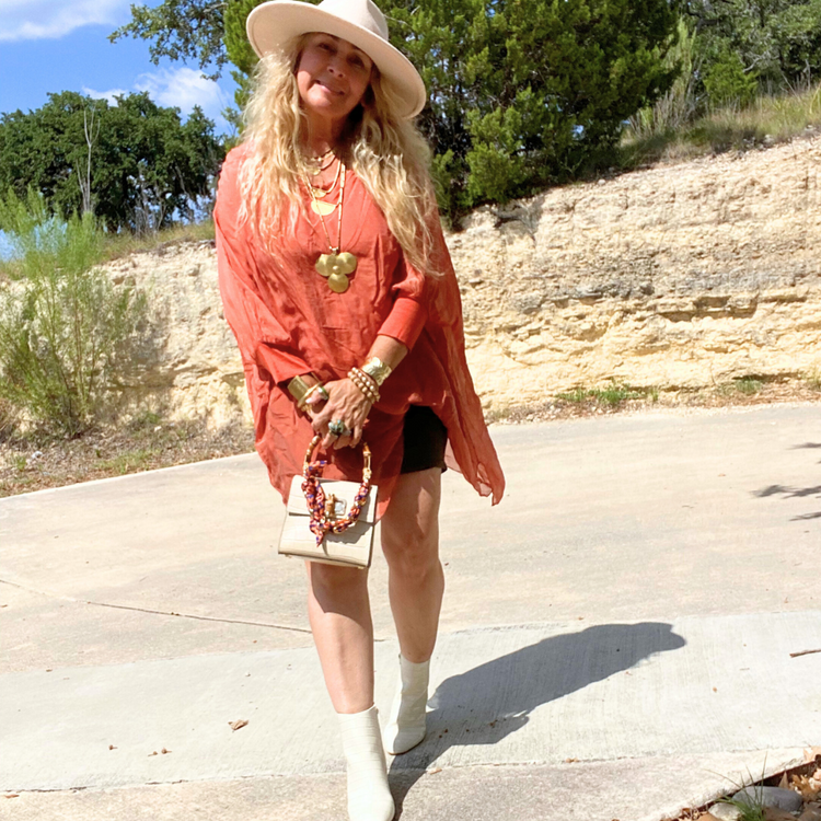 Rust Orange Silk Italian Flowy Top Dress with 3/4 Sleeves