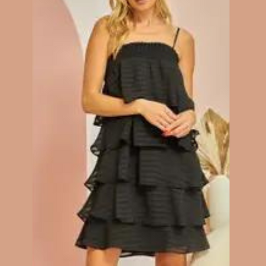 Black Spaghetti Strap Tiered Ruffle Mini Dress