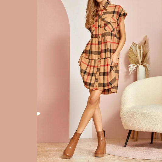 Button Down Plaid Mini Dress