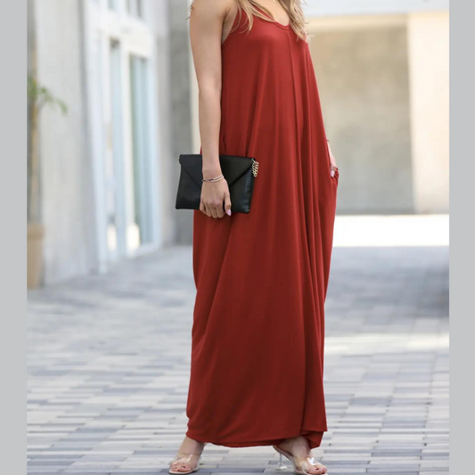 Rust V-Neck Maxi Dress with Adjustable Spaghetti Straps