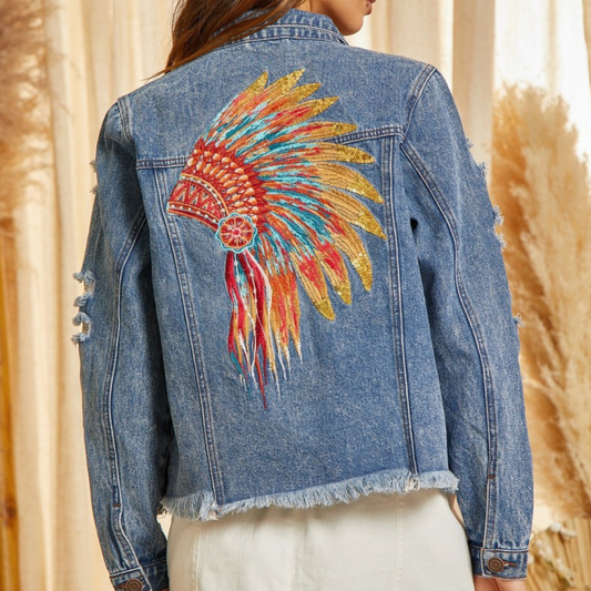 Vintage Washed Denim Jacket with Embroidered and Sequin Native American Headdress Design on Back