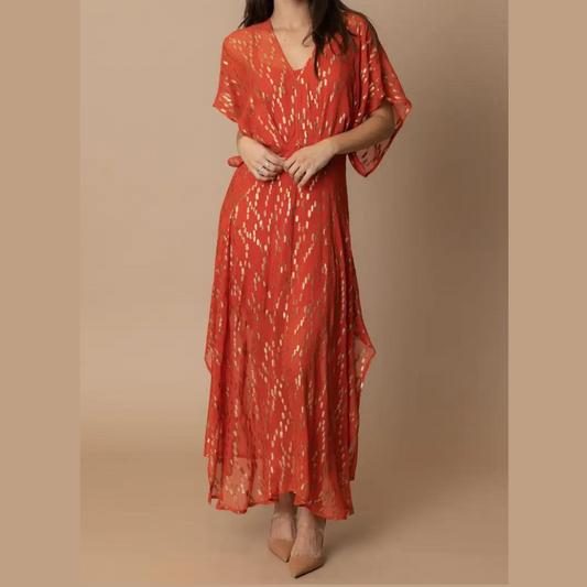 Orange and Metallic Gold Flowy Maxi Dress with Short Kimono Sleeves