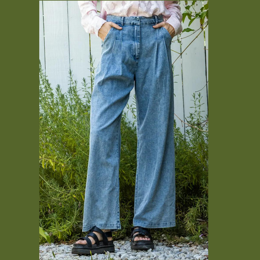 Denim Wide Leg Pleated Trouser Pant Jeans