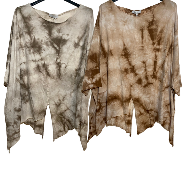 Italian Cotton Brown or Gray Tie Dye Asymmetrical Loose Pull Over Top