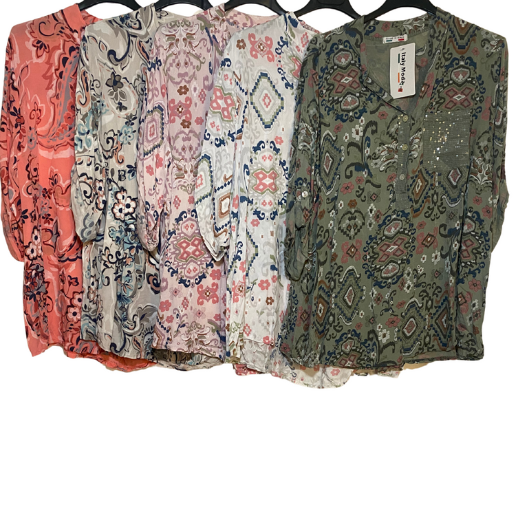 Italian Blouse with Sequin Chest Pocket and Upper Button Top Various Colors and Patterns