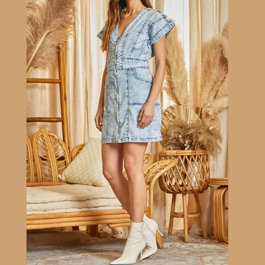 Front Zipper Acid Washed Light Denim Mini Dress with Short Dolman Cap Sleeves