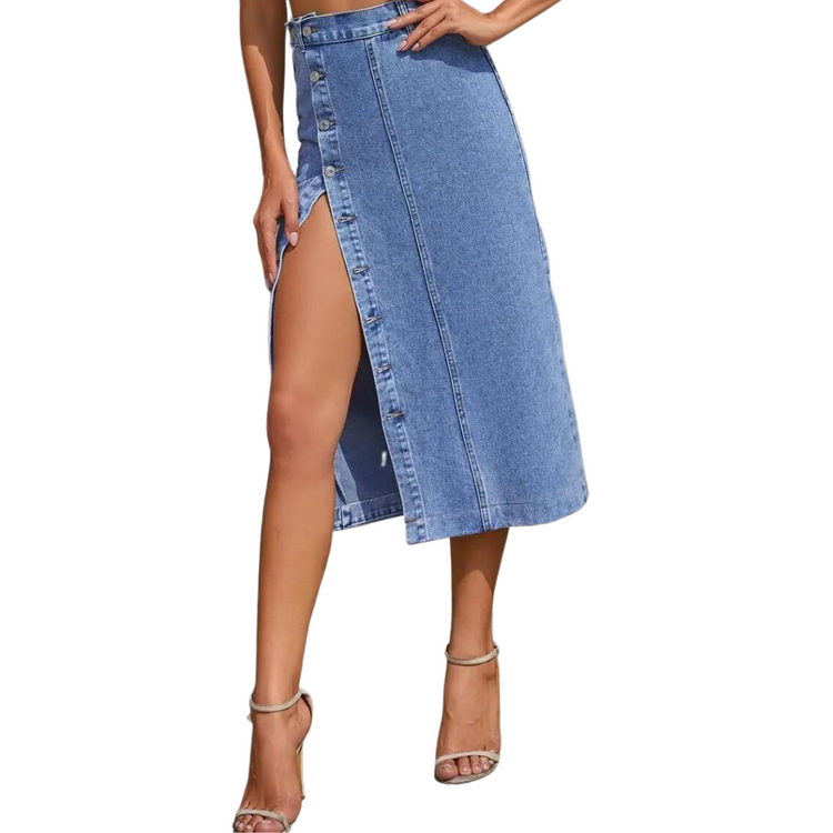 Blue Denim Side Button Down High-Rise Maxi Skirt with Slit