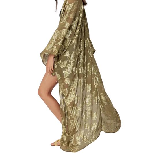 Green and Metallic Gold Long Kimono Jacket