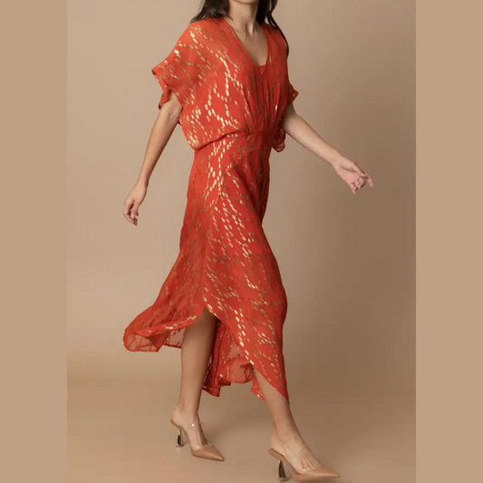 Orange and Metallic Gold Flowy Maxi Dress with Short Kimono Sleeves