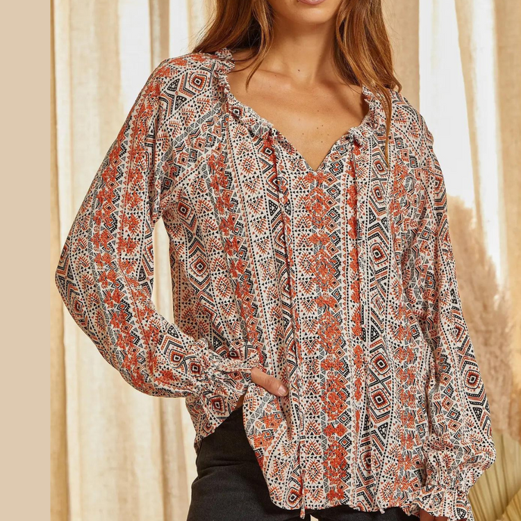 Loose Fit Boho Ethnic Print Inspired Poet Style Blouse Top with Embroidery Detail