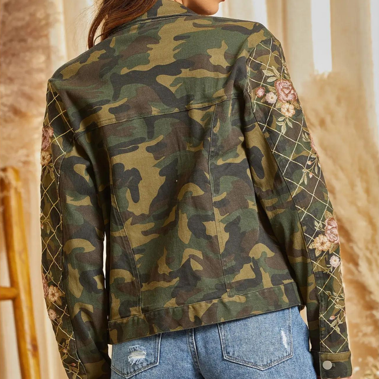 Camo Denim Utility Jacket with Floral Embroidered Sleeves