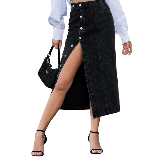 Black Denim Side Button Down High-Rise Maxi Skirt with Slit