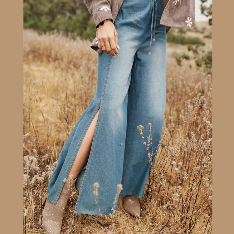 Denim Palazzo Wide Leg Pants with Side Slits