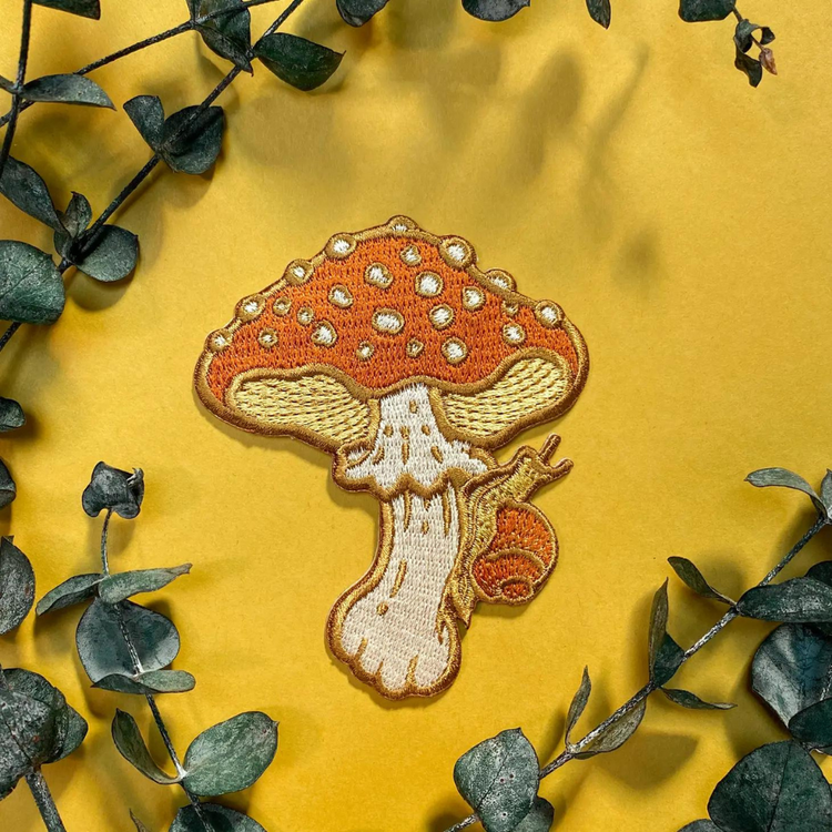 Mushroom and Snail Embroidered Iron On Patch