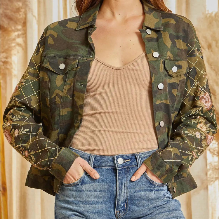 Camo Denim Utility Jacket with Floral Embroidered Sleeves