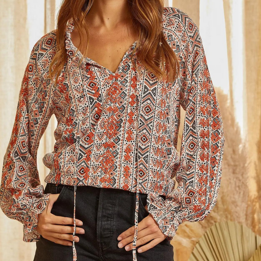 Loose Fit Boho Ethnic Print Inspired Poet Style Blouse Top with Embroidery Detail